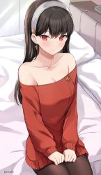  1girl black_hair blush earrings headband highres jewelry kaetzchen looking_at_viewer on_bed red_eyes red_shirt shirt sitting smile solo spy_x_family sweater yor_briar  rating:Sensitive score:23 user:carnixore