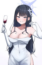  1girl :d absurdres alcohol armpits bare_shoulders black_hair blue_archive blunt_bangs breasts cleavage collarbone commentary cup dress drinking_glass elbow_gloves evening_gown gekhuay gloves hair_ornament halo highres holding holding_cup large_breasts long_hair looking_at_viewer official_alternate_costume open_mouth parted_bangs parted_lips saori_(blue_archive) saori_(dress)_(blue_archive) side_slit sidelocks simple_background smile solo strapless strapless_dress white_background white_dress white_gloves wine wine_glass 