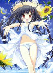  black_hair blush dress flower hat loli long_hair looking_at_viewer panties red_eyes source_request striped_clothes striped_panties sundress sunflower takahashi_tetsuya underwear very_long_hair water  rating:Questionable score:27 user:wavy