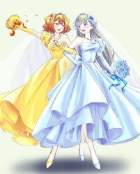  2girls :d banana_(8771207) blue_background blue_bow blue_dress blue_eyes blue_flower blue_ribbon blush bouquet bow brown_eyes commentary_request crossed_legs dress elbow_gloves flower full_body gloves green_background grey_hair hair_flower hair_ornament highres holding holding_bouquet jewelry kanne_(sousou_no_frieren) lawine_(sousou_no_frieren) locked_arms long_hair looking_to_the_side multiple_girls necklace one-piece_swimsuit open_mouth outstretched_arm red_bow ribbon simple_background skirt_hold smile sousou_no_frieren standing standing_on_one_leg swimsuit tiara two_side_up watson_cross wedding_dress white_veil yellow_background yellow_dress yellow_gloves yellow_ribbon yuri 