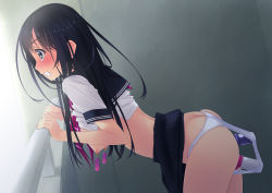  1girl anal anal_object_insertion ass black_hair blue_eyes blush breasts clenched_teeth clothes_lift cowboy_shot double_insertion f-ism from_side hanging_breasts highres leaning_forward long_hair medium_breasts modern_drawing_style multiple_penetration murakami_suigun nipple_piercing nipple_stimulation nipple_torture nipples no_bra object_insertion original panties piercing school_uniform serafuku sex_toy shirt_lift skirt skirt_around_belly skirt_lift solo standing teeth underwear upskirt vaginal vaginal_object_insertion vibrator vibrator_in_anus vibrator_under_clothes vibrator_under_panties white_panties  rating:Explicit score:498 user:danbooru