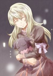 1girl blush brown_hair doll dress elize_lutus closed_eyes frills long_hair necklace ribbon smile tales_of_(series) tales_of_xillia teepo_(tales) rating:Sensitive score:1 user:wereAR