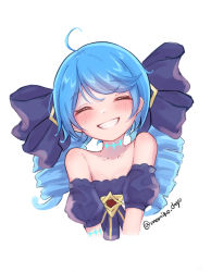 1girl ahoge artist_name bare_shoulders black_bow black_sleeves blue_hair blush bow collarbone cropped_torso detached_sleeves dress drill_hair facing_viewer flat_chest green_hair grin gwen_(league_of_legends) hair_bow highres league_of_legends long_hair momikodayo puffy_detached_sleeves puffy_short_sleeves puffy_sleeves short_sleeves simple_background smile solo strapless strapless_dress teeth twin_drills twintails white_background rating:Sensitive score:17 user:danbooru