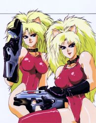  1990s_(style) 2girls animal_ears annapuma bare_shoulders big_hair black_gloves blonde_hair blue_eyes boots bullpup cat_ears collar dominion_(manga) elbow_gloves fang gloves grin gun highres holding holding_gun holding_weapon leotard lipstick long_hair looking_at_viewer makeup multiple_girls non-web_source official_art ponytail red_leotard retro_artstyle shirou_masamune siblings sisters skin_tight sleeveless smile smug thigh_boots thighhighs twins unipuma very_long_hair weapon  rating:Sensitive score:43 user:danbooru
