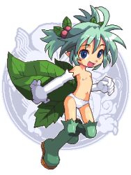  1girl :d bandaid bandaids_on_nipples blue_eyes boots copyright_request elbow_gloves fairy flat_chest full_body gloves green_hair hair_ornament holly_hair_ornament leaf_wings lillithlauda loli looking_at_viewer navel open_mouth panties pasties pixel_art pointy_ears smile solo thigh_boots topless underwear white_background white_gloves white_panties wings 