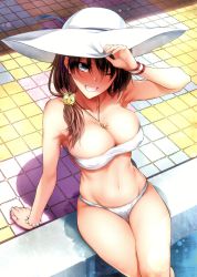 1girl absurdres arm_support arm_up bandeau bare_arms bare_shoulders bikini blue_eyes bracelet breasts brown_hair cleavage feet_out_of_frame fingernails from_above grin groin hair_ornament hat highres jewelry large_breasts long_hair looking_at_viewer mikuni_mizuki nail_polish navel one_eye_closed parted_lips pearl_bracelet pendant poolside scan shadow sitting skindentation smile solo stomach strapless strapless_bikini sun_hat swimsuit teeth thighs toranoana water white_bikini wristband rating:Sensitive score:28 user:danbooru
