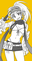  1girl bikini braid breasts final_fantasy final_fantasy_x final_fantasy_x-2 fingerless_gloves gloves greyscale hair_ornament headband highres ichi_(ichiyarou) long_hair looking_at_viewer monochrome navel open_mouth rikku_(ff10) scarf simple_background skirt small_breasts smile solo swimsuit v 