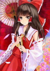  1girl ascot blue_flower bow brown_eyes brown_hair chest_sarashi closed_mouth commentary detached_sleeves falling_petals field flower flower_field frilled_bow frilled_hair_tubes frills hair_bow hair_tubes hakurei_reimu highres holding holding_umbrella light_blush long_hair looking_at_viewer muireko oil-paper_umbrella petals pink_flower pink_petals red_bow red_skirt red_umbrella ribbon-trimmed_sleeves ribbon_trim sarashi skirt skirt_set smile solo touhou umbrella yellow_ascot 