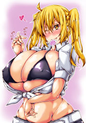  1girl absurdres ahoge black_bra blonde_hair blush bra breasts bursting_breasts cleavage condom condom_in_mouth covered_erect_nipples curvy fang female_focus fingernails front-tie_top heart highres huge_breasts long_fingernails long_hair long_twintails looking_at_viewer misakana mouth_hold one_eye_closed saaya_(kirome) sexually_suggestive shiny_clothes shiny_skin shirt skindentation smile solo tied_shirt twintails underwear virtual_youtuber wide_hips wink yellow_eyes  rating:Questionable score:55 user:joeyjoe