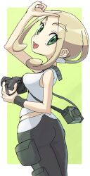  1girl :d asamaru1225 blonde_hair camera creatures_(company) from_side game_freak green_eyes highres holding holding_camera looking_at_viewer nintendo open_mouth pants pokemon pokemon_xy shirt sleeveless sleeveless_shirt smile solo v viola_(pokemon) white_shirt 