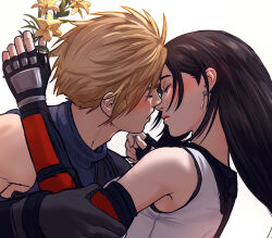  1boy 1girl armor bare_shoulders black_gloves black_hair black_sports_bra blonde_hair blue_sweater blush close-up closed_eyes closed_mouth cloud_strife commentary couple crop_top earrings english_commentary facing_another final_fantasy final_fantasy_vii final_fantasy_vii_rebirth final_fantasy_vii_remake fingerless_gloves flower from_side gloves hand_on_another&#039;s_chin highres holding holding_another&#039;s_arm holding_flower imminent_kiss jewelry long_hair nosleeparewe parted_lips profile short_hair shoulder_armor single_arm_guard single_bare_shoulder single_earring sleeveless sleeveless_turtleneck spiked_hair sports_bra suspenders sweater tank_top tifa_lockhart turtleneck turtleneck_sweater upper_body white_background white_tank_top yellow_flower 