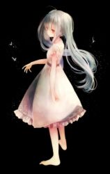  1girl barefoot black_background feet red_eyes solo white_hair  rating:Sensitive score:3 user:YunGoon