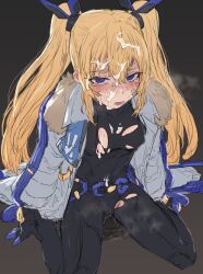  1girl @_@ areola_slip bandaid bandaid_on_cheek bandaid_on_face black_bodysuit blonde_hair blue_eyes blush bodysuit breasts coat cum cum_on_clothes elazale facial fang fur_trim goddess_of_victory:_nikke headgear highres laplace_(nikke) long_hair looking_at_viewer parted_lips pussy_juice sitting small_breasts solo tearing_up torn_bodysuit torn_clothes twintails wariza wet white_coat 