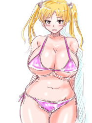  10s 1girl bakuon!! bikini blonde_hair blush breasts brown_eyes cleavage curvy female_focus highres huge_breasts long_hair long_twintails looking_at_viewer micro_bikini muchimuchizu navel open_mouth plump purple_bikini simple_background sketch smile solo standing suzunoki_rin swimsuit twintails white_background wide_hips 