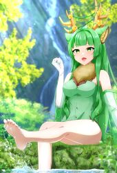  1girl :d absurdres animal_ear_fluff animal_ears antler_ornament antlers barefoot breasts cleavage_cutout clothing_cutout commentary deer_ears dress elbow_gloves english_commentary flower gloves green_dress green_eyes green_hair hair_flower hair_ornament haruka_karibu highres large_breasts long_hair looking_at_viewer nagi_clip open_mouth reindeer_antlers reindeer_girl smile splashing tree virtual_youtuber vshojo water white_gloves 