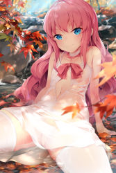  1girl arm_support autumn autumn_leaves bad_id bad_pixiv_id bare_arms bare_shoulders blue_eyes blurry blurry_background censored chen_bin closed_mouth day detached_collar dress leaning_back long_hair looking_at_viewer mosaic_censoring navel no_bra no_panties outdoors pink_hair pussy see-through short_dress sitting smile solo stream thighhighs wavy_hair wet wet_clothes white_dress white_thighhighs  rating:Explicit score:38 user:danbooru