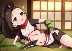  1girl artist_name bike_shorts black_hair black_shirt black_shorts blush child clothes_grab clothing_aside cropped_shirt dot_nose embarrassed eroartdraw eyebrows eyelashes feet_out_of_frame female_focus fingerless_gloves flat_chest forehead gloves green_gloves grey_eyes indoors kunoichi_tsubaki_no_mune_no_uchi loincloth loincloth_aside long_hair looking_at_viewer lying midriff navel on_side open_mouth ponytail red_scarf scarf shirt short_sleeves shorts sleeveless sleeveless_shirt solo surprised tsubaki_(kunoichi_tsubaki_no_mune_no_uchi) white_shirt 