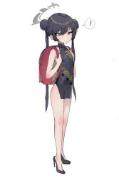 1girl ? absurdres ass backpack bag black_dress black_footwear black_hair blue_archive china_dress chinese_clothes commentary_request double_bun dress female_focus full_body grey_eyes hair_between_eyes hair_bun halo high_heels highres k8on kisaki_(blue_archive) long_hair looking_at_viewer pelvic_curtain randoseru side_slit sidelocks simple_background sleeveless solo spoken_question_mark standing twintails white_background rating:Sensitive score:74 user:danbooru