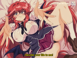  1girl 80s bat_wings bed blue_eyes bluethebone breasts come_hither covered_erect_nipples high_school_dxd incoming_hug large_breasts lying oldschool on_back outstretched_arms red_hair retro_artstyle rias_gremory skirt smile socks spread_legs thick_thighs thighs wings  rating:Sensitive score:150 user:TDogarooski