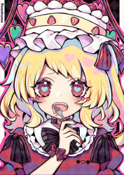  1girl alternate_headwear alternate_wings argyle argyle_background artist_name blonde_hair blush breasts cake flandre_scarlet food fork hat heart heart-shaped_pupils highres holding holding_fork kyouda_suzuka looking_at_viewer medium_hair nail_polish open_mouth puffy_short_sleeves puffy_sleeves red_eyes red_nails red_shirt shirt short_sleeves small_breasts solo strawberry_shortcake symbol-shaped_pupils teeth touhou upper_body upper_teeth_only white_hat wings 