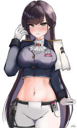  1girl absurdres ascot belt black_belt black_jacket blush breasts brown_eyes brown_hair commentary cowboy_shot crop_top cropped_jacket epaulettes gloves goddess_of_victory:_nikke hand_up highres id_card jacket long_hair long_sleeves looking_to_the_side marciana_(nikke) medium_breasts midriff military_jacket military_uniform name_tag navel navel_piercing pants parted_lips piercing riding_crop simple_background skindentation smile solo standing thigh_gap thigh_strap tight_clothes tight_pants tornadem uniform white_ascot white_background white_gloves white_pants  rating:Sensitive score:13 user:danbooru