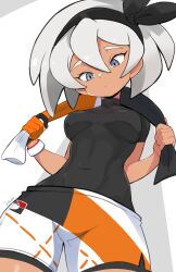  1girl bea_(pokemon) black_bodysuit black_hairband bodysuit bodysuit_under_clothes bow_hairband breasts closed_mouth commentary covered_abs covered_navel creatures_(company) dynamax_band game_freak gloves grey_eyes grey_hair hair_between_eyes hairband holding holding_towel jellcaps looking_down medium_breasts nintendo no_shirt partially_fingerless_gloves pokemon pokemon_swsh print_shorts shorts signature single_glove solo sweatdrop toned towel towel_around_neck  rating:Sensitive score:35 user:danbooru