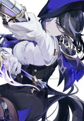  1girl absolution_(genshin_impact) ascot black_corset black_eyes blue_ascot blue_cape blue_capelet blue_hair blue_hat breasts cape capelet clorinde_(genshin_impact) co6_3g corset dark_blue_hair epaulettes fold-over_gloves framed_breasts genshin_impact gun handgun hat highres holding holding_gun holding_sword holding_weapon large_breasts pantyhose pencil_skirt reverse_grip shirt skirt solo sword taut_clothes taut_shirt thigh_strap tricorne weapon  rating:General score:0 user:danbooru
