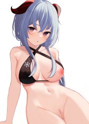  1girl absurdres bare_arms bare_shoulders bikini bikini_pull bikini_top_only black_bikini blue_hair blush breasts cleft_of_venus clothes_pull criss-cross_halter ganyu_(genshin_impact) genshin_impact goat_horns halterneck highres horns large_breasts long_hair memekko nipples one_breast_out pussy simple_background solo stomach swimsuit uncensored white_background  rating:Explicit score:97 user:Satela
