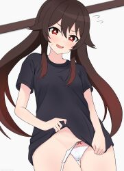  1girl absurdres black_shirt blush bow bow_panties breasts brown_hair cameltoe flower-shaped_pupils flying_sweatdrops genshin_impact gluteal_fold hair_between_eyes hairclip_(user_rasc5457) highres hu_tao_(genshin_impact) long_hair looking_at_viewer open_mouth panties red_eyes shirt side-tie_panties small_breasts smile solo standing symbol-shaped_pupils thigh_gap thighs twintails underwear untied_panties white_panties 
