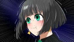  1girl :t absurdres allmind_(armored_core_6) armored_core armored_core_6 black_hair blunt_bangs earrings emphasis_lines flying_sweatdrops green_eyes highres jewelry level_herock portrait short_hair solo stifled_laugh sweat tearing_up wavy_mouth 