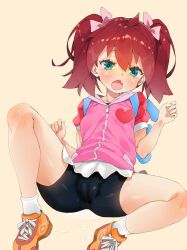  1girl backpack bad_id bag bike_shorts black_shorts blush cameltoe fat_mons female_focus green_eyes highres jacket leaning_back legs loli long_hair looking_at_viewer miniskirt multicolored_eyes open_mouth orange_footwear pink_jacket pleated_skirt puddle red_hair ribbon saru_getchu sayaka_(saru_getchu) shikinyan shoes short_sleeves shorts simple_background sitting skirt socks solo spread_legs suggestive_fluid thighs twintails white_skirt white_socks yellow_background 