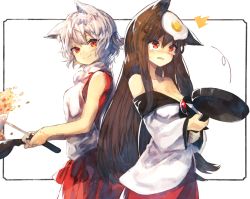  2girls animal_ears bad_id bad_twitter_id bare_arms bare_shoulders black_hair blush breasts brooch brown_hair cleavage closed_mouth collarbone commentary cooking cowboy_shot crying crying_with_eyes_open dress egg egg_(food) eyebrows failure flipping_food food food_on_head fried_egg fried_rice frying_pan highres imaizumi_kagerou inubashiri_momiji jewelry ladle large_breasts long_hair looking_at_viewer medium_breasts multiple_girls object_on_head off-shoulder_dress off_shoulder pom_pom_(clothes) red_eyes red_skirt simple_background skirt smile standing suminagashi sweatdrop tears touhou wavy_mouth white_background white_hair wok wolf_ears  rating:Sensitive score:11 user:danbooru