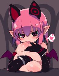  1girl absurdres animal_ears black_gloves blush breast_sucking breasts deathlock-san elbow_gloves gloves grey_background heart highres huge_breasts licking licking_nipple looking_at_viewer nipple_stimulation nipples original pink_eyes pink_hair pointy_ears saliva self_breast_sucking short_hair solo spoken_heart tongue tongue_out upper_body wings zankuro  rating:Questionable score:77 user:danbooru