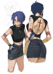  1girl blue_eyes blue_hair casual ciel_(tsukihime) cross cross_necklace denim denim_shorts glasses highres jewelry necklace neco-arc shorts tattoo tsukihime  rating:General score:14 user:Green_Yevon
