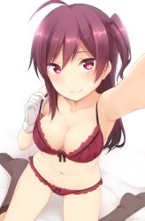  10s 1girl ahoge arm_up armpits bare_legs bare_shoulders bra breasts from_above gloves hagikaze_(kancolle) hair_between_eyes kantai_collection large_breasts midriff nagami_yuu navel panties purple_bra purple_eyes purple_hair purple_panties reaching reaching_towards_viewer selfie sitting smile solo stomach thighs underwear underwear_only wariza white_gloves  rating:Sensitive score:21 user:danbooru