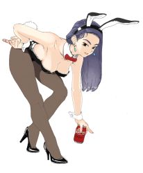  1girl animal_ears bad_id bad_pixiv_id black_eyes black_hair bow bowtie breasts cleavage dr_pepper earrings fake_animal_ears hanging_breasts high_heels jewelry leaning_forward leotard lipstick long_hair makeup pantyhose pepsiso playboy_bunny rabbit_ears rabbit_tail simple_background solo tail wrist_cuffs 