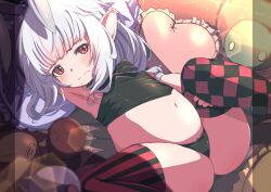  1girl argyle_clothes argyle_thighhighs arm_up armpits asymmetrical_legwear black_bow black_panties black_shirt blurry blurry_background blurry_foreground blush bow bow_panties closed_mouth commentary_request crop_top demimushi depth_of_field final_fantasy final_fantasy_xiv frilled_pillow frills grey_hair heart heart-shaped_pillow highres lalafell looking_at_viewer lying mismatched_legwear multicolored_hair navel on_back pagaga_vochstein panties pillow pointy_ears puffy_short_sleeves puffy_sleeves red_eyes red_hair shirt short_sleeves sleeveless sleeveless_shirt solo spread_legs streaked_hair striped_clothes striped_thighhighs thighhighs underwear vertical-striped_clothes vertical-striped_thighhighs 