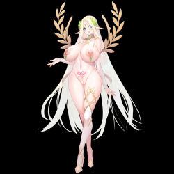 1girl bare_shoulders black_background blonde_hair blue_eyes blush breasts breasts_apart bridal_gauntlets cerestia_of_life circlet cleft_of_venus detached_collar elf feet female_focus full_body functionally_nude groin hair_ornament hand_up head_tilt huge_breasts large_areolae last_origin legs long_hair looking_at_viewer navel nipple_piercing nipples open_mouth piercing pointy_ears pubic_tattoo puffy_nipples pussy pussy_juice pussy_juice_trail single_thighhigh smile snowball22 solo standing tachi-e tattoo thighhighs thighs third-party_edit uncensored very_long_hair wet rating:Explicit score:216 user:Ynyswydryn