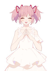  1girl absurdres armband bare_arms choker closed_eyes collarbone dot_nose dress eyelashes facing_viewer fingernails flat_chest frilled_armband frilled_straps frills hair_ribbon halftone hands_up happy highres kaname_madoka laughing layered_dress light_blush luminous_(madoka_magica) mahou_shoujo_madoka_magica mahou_shoujo_madoka_magica_(anime) mahou_shoujo_madoka_magica_movie_1_&amp;_2 momuraer open_mouth own_hands_together pink_hair pleated_dress red_ribbon ribbon short_twintails sidelocks simple_background sleeveless sleeveless_dress solo spaghetti_strap steepled_fingers teeth twintails upper_teeth_only white_armband white_background white_choker white_dress white_ribbon 