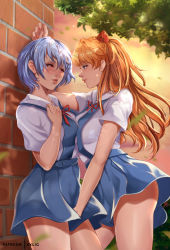 2girls artist_name assertive_female ayanami_rei bare_legs blue_eyes blue_hair blue_nails blue_skirt blush brick_wall commentary cowboy_shot dusk english_commentary exlic eye_contact hair_ornament hand_on_own_chest hand_up highres kabedon lips long_hair looking_at_another multiple_girls nail_polish neck_ribbon neon_genesis_evangelion nose orange_hair orange_nails outdoors parted_lips patreon_username red_eyes red_ribbon ribbon short_hair short_sleeves skirt smile souryuu_asuka_langley tree wind yuri rating:Questionable score:122 user:danbooru