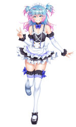 1boy alternate_costume androgynous apron aqua_eyes aqua_hair asahi bare_legs bare_shoulders blue_eyes bulge choker crossdressing dress full_body girly_boy gradient_hair grin happy highres jumping light_blush lilith-soft long_hair maid maid_apron maid_headdress miniskirt multicolored_hair naughty_face nozomi_aino official_alternate_costume ribbon shiny_skin short_twintails simple_background skirt smile standing standing_on_one_leg taimanin_(series) taimanin_rpgx trap twintails two-tone_hair v white_background wide_hips