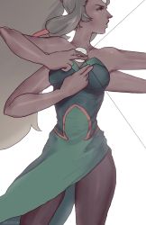  1girl bow_(weapon) dragons-roar dress extra_arms forehead_jewel fusion gem highres long_hair multiple_arms opal_(steven_universe) pantyhose ponytail simple_background solo steven_universe very_long_hair weapon white_background 