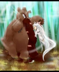  1girl bad_id bad_pixiv_id bamboo bamboo_forest bear bow emphasis_lines female_focus forest fujiwara_no_mokou hair_bow high_kick in_the_face kicking legs letterboxed long_hair long_legs mizuga nature open_mouth pants solo suspenders touhou very_long_hair white_hair  rating:Sensitive score:10 user:danbooru