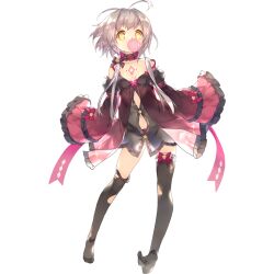  1girl ahoge artist_request bare_shoulders black_bow black_panties black_thighhighs bow bow_legwear breasts butterfly_in_eye chewing_gum choker final_gear flower_ornament full_body grey_eyebrows grey_hair hair_behind_ear hair_bow highres long_sleeves looking_at_viewer mismatched_socks official_art panties patti_(final_gear) red_bow red_choker red_sleeves ribbon_choker see-through short_hair simple_background sleeve_bow sleeves_past_fingers sleeves_past_wrists small_breasts solo spaghetti_strap star_ornament striped_bow tachi-e thighhighs third-party_source toes torn_clothes torn_thighhighs transparent_background underwear 