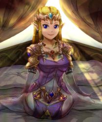  1girl backlighting bed blonde_hair blue_eyes breasts chichi_band cleavage dress earrings elbow_gloves gem gloves jewelry kneeling large_breasts light light_rays looking_at_viewer lots_of_jewelry nintendo pointy_ears princess_zelda seiza shoulder_pads sitting smile solo sunbeam sunlight the_legend_of_zelda the_legend_of_zelda:_twilight_princess tiara  rating:Sensitive score:56 user:cast