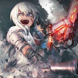  1boy belt chain_paradox commentary_request commission debris fang fur_trim hetza_(hellshock) holding holding_weapon long_hair mechanical_arms open_mouth shoulder_pads single_mechanical_arm smile solo upper_body vest weapon white_hair white_vest  rating:General score:9 user:danbooru