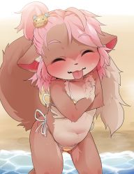  1girl animal_ear_fluff animal_ears beach bear_hair_ornament bikini blush body_fur closed_eyes covering_breasts covering_privates crossed_arms dagashi_(daga2626) female_focus flat_chest fox_ears fox_tail furry furry_female hair_ornament highleg highleg_bikini highres loli micro_bikini midriff momo-chan_(dagasi) navel one_side_up original partially_visible_vulva pink_hair side-tie_bikini_bottom solo striped_bikini striped_clothes swimsuit tail thighs tongue tongue_out water yellow_bikini  rating:Questionable score:271 user:Dweenie