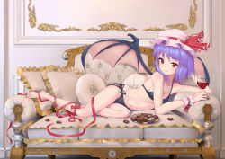  1girl absurdres alcohol bare_arms bare_legs barefoot bat_wings bikini black_bikini blue_hair breasts chocolate closed_mouth couch cup drinking_glass feet hat hat_ribbon highres indoors looking_at_viewer lying mob_cap nail_polish on_side pillow pink_hat plate red_eyes red_nails red_ribbon remilia_scarlet ribbon side-tie_bikini_bottom small_breasts smile solo swimsuit toenail_polish toenails touhou wine wine_glass wings wrist_cuffs  rating:Sensitive score:18 user:danbooru