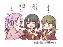  3girls :d =_= anyoji_hime black_hair black_ribbon blonde_hair blue_eyes blunt_bangs blunt_ends braid brown_dress brown_hair commentary commentary_request cropped_torso dress flower flower_knot frown gradient_hair hair_flower hair_ornament hair_ribbon hashtag hasu_no_sora_school_uniform highres holding holding_microphone jacket kachimachi_kosuzu link!_like!_love_live! long_hair looking_at_another love_live! mashikaku_(ma4kaku10fu) microphone momose_ginko multi-tied_hair multicolored_hair multiple_girls neckerchief open_mouth pink_eyes pink_hair pink_jacket ponytail puff_of_air raised_eyebrows ribbon sailor_collar sailor_dress school_uniform short_hair side_braids sidelocks simple_background single_tear smile straight_hair swept_bangs translation_request v-shaped_eyebrows virtual_youtuber wavy_mouth white_background white_sailor_collar winter_uniform yellow_neckerchief 