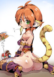  1boy 1girl ahoge animal_ears animal_feet anus armor ass blue_hair bottomless breastplate breasts breath_of_fire breath_of_fire_ii brown_hair claws cleft_of_venus commentary_request facial_mark feet fish food from_behind green_eyes highres looking_back mouth_hold pants puchidori purple_socks pussy red_pants rinpoo_chuan ryuu_(breath_of_fire_ii) shirt short_hair sitting slit_pupils small_breasts socks soles tail thighs tiger_ears tiger_girl tiger_tail toeless_footwear white_shirt  rating:Explicit score:59 user:danbooru